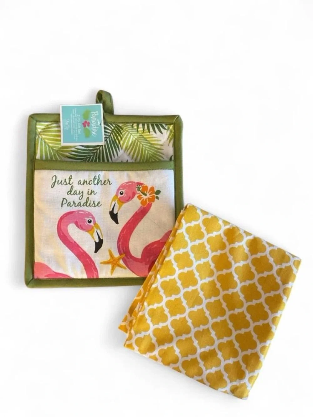 NWT Tropical Flamingo Oven Mitt/Pot Holder Set